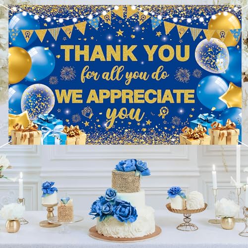 Vlipoeasn We Appreciate You Banner Decorations, Blue Gold Thank You for All You Do Backdrop Banner Honeycomb Centerpieces, Retirement Office Decor Staff Teachers Professors Doctor Nurses Appreciation - style: Bue Gold