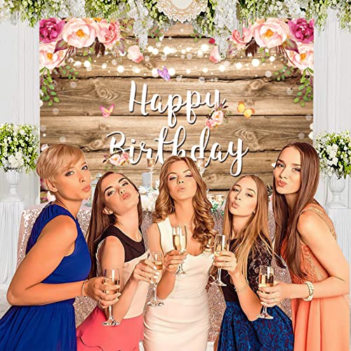 Pink Floral Happy Birthday Backdrop for Women Rustic Wood Birthday Photography Background Watercolor Butterfly Flower Backdrops Adult Girl Sweet Bday Party Decoration Banner Photoshoot Supplies 10x7ft - size: 10x7ft