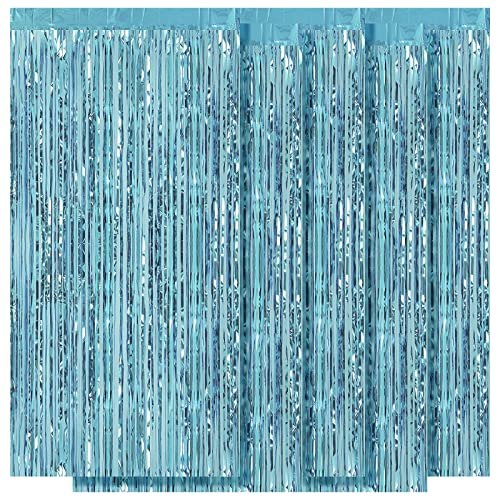 5 Pack Blue Fringe Backdrop 3.2ft x 8.2ft Foil Curtain Tinsel Foil Fringe Curtains Photo Booth Props for Mermaid Birthday Under The Sea Party Decorations Teal Blue Tinsel Backdrop Streamers (Blue) - color: Blue
