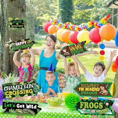 20 Pieces Reptile Birthday Party Decorations Welcome to Reptile Party Directional Signs Swamp Lizard Snake Alligator Reptile Birthday Party Supplies Wall Door Porch Yard Sign - style: Reptile