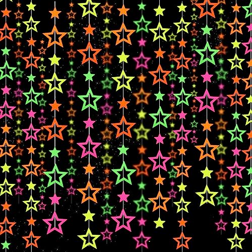 126feet UV Neon Streamers Glow Garland Hollowed Star Paper Hanging Ornaments Glow in The Dark Supplies and Decorations Blacklight Reactive Fluorescent Black Light Party Kit Wedding Birthday Streamers - color: 6 Neon Hollow Star Garland