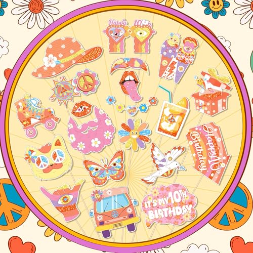 25Pcs Groovy 10th Birthday Photo Booth Props with Stick, Boho Hippie Theme Selfie Props, Retro Party Supplies, Girl Kids Bday Photography Backdrop Decorations