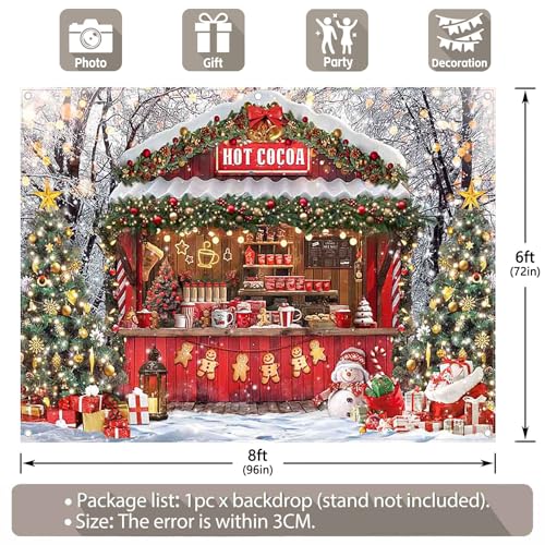 Fabric 8x6ft Christmas Hot Cocoa Bar Photography Backdrop Candy Shop Winter Snowman Scene Xmas Tree Chocolate Background Kids Family Party Decorations Photo Props - size: 8'x6'