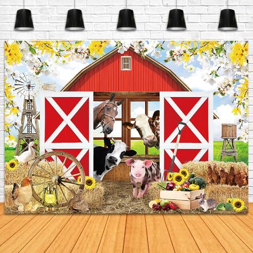 Spring Farm House Photography Backdrop 10x7ft Animals Red Rustic Barn Birthday Background Party Decorations for Kids Farm Theme Baby Shower Banner Photo Booth Props - size: 10x7ft
