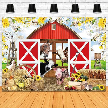 Spring Farm House Photography Backdrop 10x7ft Animals Red Rustic Barn Birthday Background Party Decorations for Kids Farm Theme Baby Shower Banner Photo Booth Props - size: 10x7ft