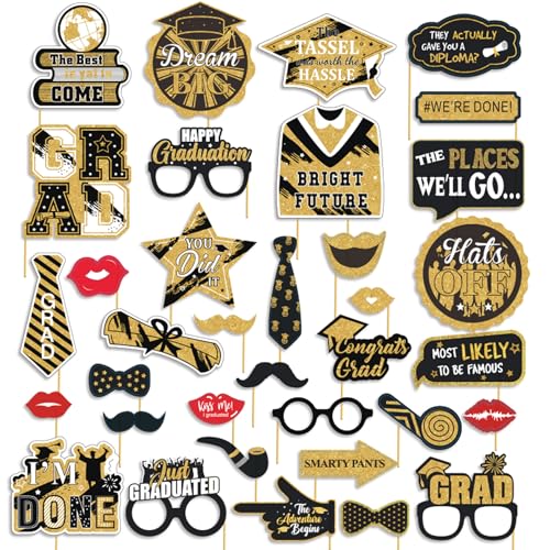 Graduation Photo Booth Props, Black and Gold Graduation Decorations for Graduate Party Supplies, Class of 2026 Large Grad Party Pose Sign-35Pcs