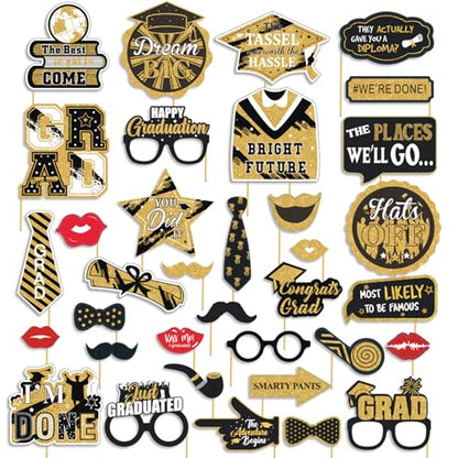 Graduation Photo Booth Props, Black and Gold Graduation Decorations for Graduate Party Supplies, Class of 2026 Large Grad Party Pose Sign-35Pcs