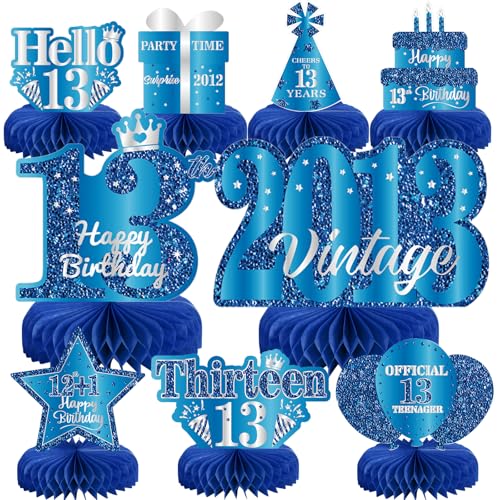 9Pcs 13th Birthday Decorations Blue Silver 13th Birthday Party Decorations for Teens Boys Girls,Happy 13 Years Birthday Honeycomb Centerpieces Table Sign Decor Supplies - color: Blue Silver 13th