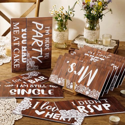 24 Designs Rustic Wedding Photo Booth Props Double Sided 11.02 x 5.51'' Photo Booth Props Wood Lace Country Bridal Shower Bachelorette Party Waterproof DIY Selfie Signs PVC for Wedding Party Reception - color: Wood, style: Lace Wedding