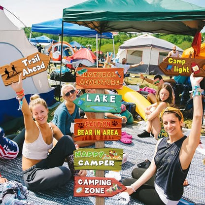 Hooqict 20 Pieces Camping Themed Party Decorations Camping Party Directional Signs for Summer Camp Decor Welcome to Camp Birthday Party Supplies Classroom Wall Door Porch Yard Sign - style: Camping
