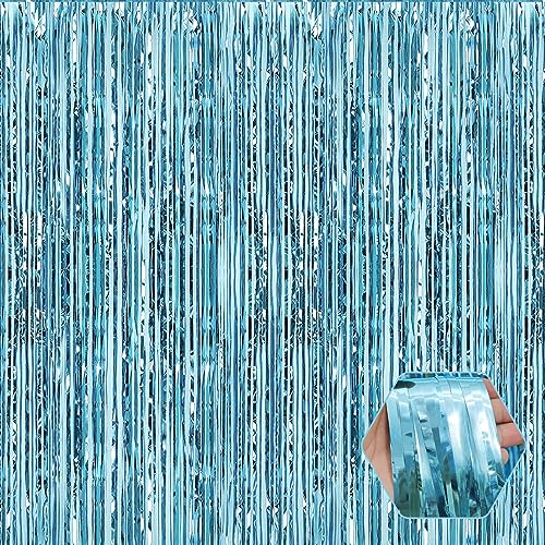 6 Pack Light Blue Foil Fringe Curtain Backdrop, 3.28Ft x 6.6Ft Metallic Tinsel Foil Fringe Streamer Curtains for Photo Booth, Christmas Day, Thanksgiving, Wedding, New Year Party Decorations - color: Light Blue
