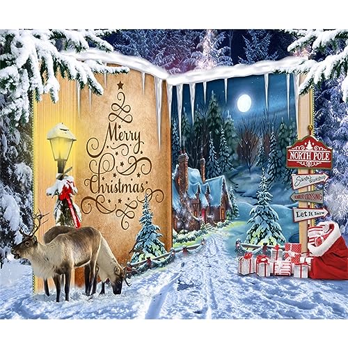 Leowefowa 10x8ft Christmas Fairy Tale Book Backdrop Winter Xmas Snow Story Book Forest Wonderland Reindeer Photography Background Holiday Party Decorations Banner Photo Studio Props - color: yellow, size: 10x8ft