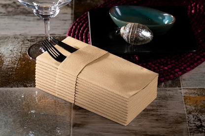 Moyes Home Wood Disposable Dinner Napkins with Pocket - Linen-Feel Pre-Folded Cloth-Like Paper Napkins for Silverware, Weddings, Dinner Parties, 16x16 in, Pack of 50 - color: Wood