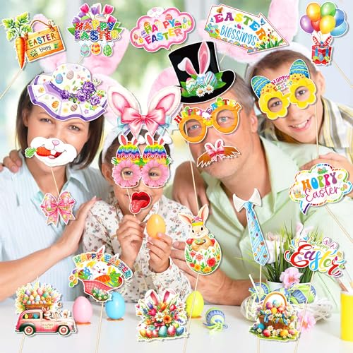25 Pcs Easter Photo Booth Props with Stick, Bunny Eggs Theme Selfie Props, Happy Easter Day Birthday Party Supplies, Photography Backdrop Decorations