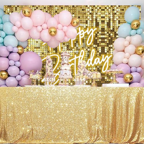 Withu Golden Flash Square Happy Birthday Backdrop for Photography Neon Glitter Gold Sequins Stars Shimmer Wall Cake Table Decorations Background Theme Bday Party Decor Banner 7x5ft - size: 7x5ft