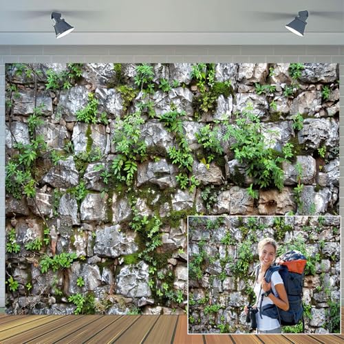 Stone Brick Wall Backdrop 7 x 5 ft for Photography, Vintage Textured Stone Ancient Rock Wall Castle Wall Overgrown Wall Green Leaf Background for Kids Adults Portrait Birthday Photo Shoot Props - size: 7 x 5 ft