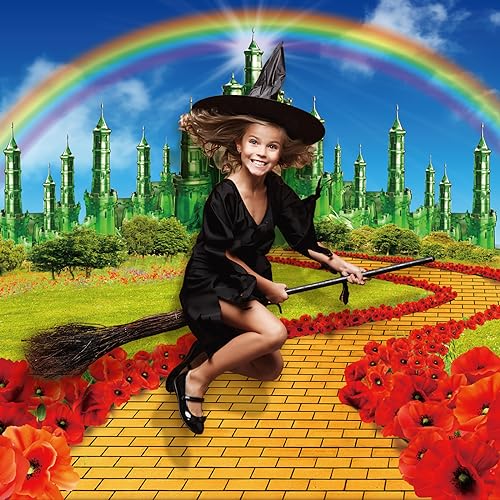 4Pack Yellow Brick Road Runner and Emerald Castle Backdrop for Wizard Party Decorations,Yellow Brick Stone Road Leading Emerald Castle Rainbow Background for Photography Halloween Princess Party Decor