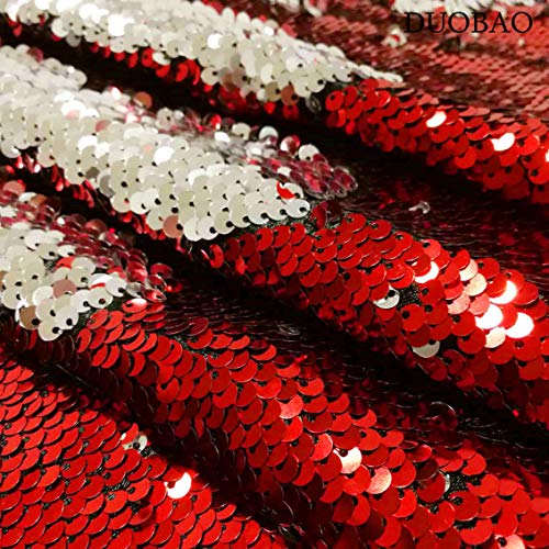 DUOBAO Reversible Sequin Fabric by the Yard - Red to Silver Color Shift Craft Material for DIY Costumes, Home Decor, Party Supplies (Mermaid Flip Sequins) - color: Red to Silver, size: 1 Yard