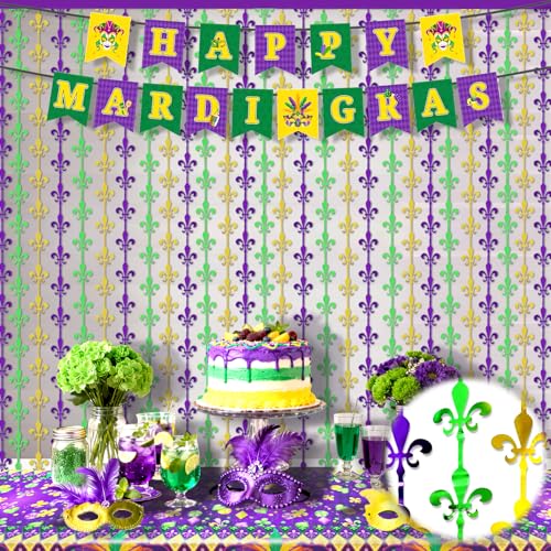 OQOQ Mardigras Decor Backdrops Kit, 2 Pcs Purple Green Gold Fleur De Lis Tinsel Foil Curtains & 1 Set Paper Banner Large Photo Booth Props Carnival Party Fat Tuesday Celebration Supplies - color: Purple Green Gold