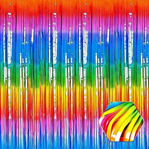 6 Pack Dark Rainbow Foil Fringe Curtain Backdrop, 3.28Ft x 6.6Ft Metallic Tinsel Foil Fringe Streamer Curtains for Photo Booth, Christmas Day, Thanksgiving, Wedding, New Year Party Decorations - color: Dark Rainbow