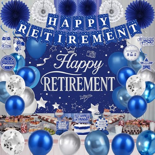 Holkcog Blue Retirement Party Decorations for Women, Silver Blue Happy Retired Banner Backdrop Paper Fan Hanging Swirls for Coworker, I'm Retired Cake Top & Honeycomb Set, Great for Retiring Women - style: Blue