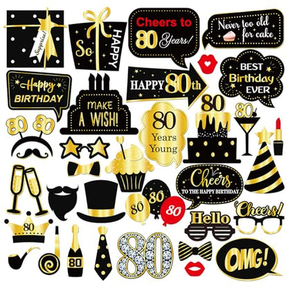 INNORU 80th Birthday Photo Booth Props, Women Men 80th Birthday Photoshoot Funny Birthday Party Photography Props Favor 80 Years Old Centerpiece Sticks Decorations Black & Gold 35 PCS - size: 80