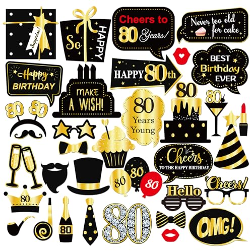 INNORU 80th Birthday Photo Booth Props, Women Men 80th Birthday Photoshoot Funny Birthday Party Photography Props Favor 80 Years Old Centerpiece Sticks Decorations Black & Gold 35 PCS - size: 80