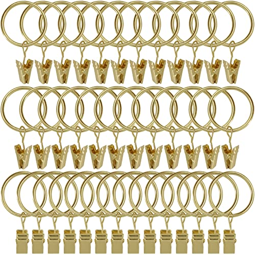 WeeksEight 40 Pack Gold Curtain Rings with Clips, Curtain Hooks Hangers Clip Rings for Hanging Drapes Bows Hat, Drapery Rings 1.26 in I D, Fits up to 1 in Diameter Curtain Rod. - color: Gold, size: 1.26" I D Set of 40