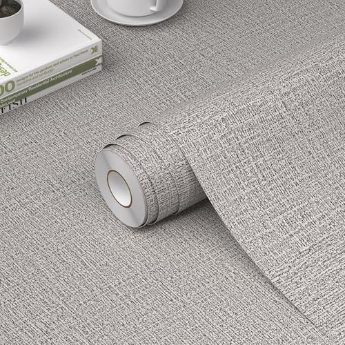 WADILE Grasscloth Peel and Stick Wallpaper 15.7in x 196.8in, Textured Contact Paper for Cabinets, Faux Linen Wall Paper Pull and Stick, Fabric Vinyl Wallpaper Self Adhesive Light Gray - color: Light Gray, size: 15.7" x 196.8"