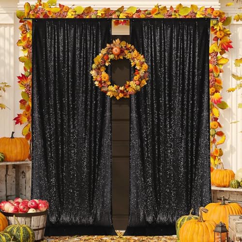 PartyDelight Sequin Backdrop Curtains 2 Panels Black 5FT X 10FT Sparkly for Wedding Party Room Decorations - color: Black, size: 60"W x 120"L (Pack of 2)