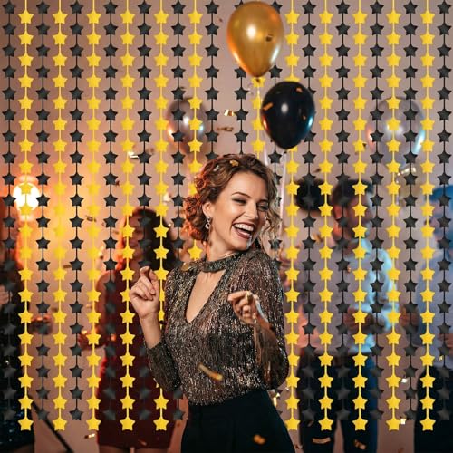 2 Pack Black Gold Star Foil Fringe Curtains Backdrop Streamers 3.3×6.6ft Birthday Party Decorations Photo Booth Props for Birthday Graduation Party Supplies