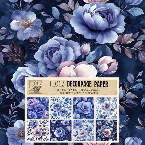 Decoupage Paper Pack (24 Sheets 6"x6") Twilight Floral Dreams: Elegant Blue Decoupage Papers with Soft Blooms and Deep, Serene Tones for Crafts # Vintage Styled Paper for Craft and Scrapbooking - color: FortySix