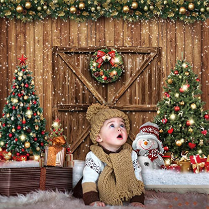 Christmas Backdrops for Photography Merry Christmas Background LFEEY 10x8ft Rustic Wood Door Winter Snowflake Christmas Tree Photo Background Xmas Party Backdrop Kids Family Portrait Photoshoot Props