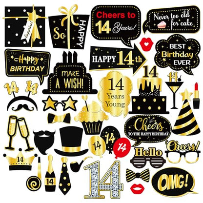 INNORU 14th Birthday Photo Booth Props, Teen Birthday Photoshoot Funny Birthday Party Photography Props Favor 14 Years Old Centerpiece Sticks Decorations Black & Gold 35 PCS - size: 14
