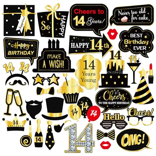 INNORU 14th Birthday Photo Booth Props, Teen Birthday Photoshoot Funny Birthday Party Photography Props Favor 14 Years Old Centerpiece Sticks Decorations Black & Gold 35 PCS - size: 14