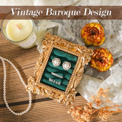 Vintage Ring Holder Rectangle Gold Velvet Display Stand - Baroque Jewelry Organizer Box Tray for Wedding Engagement Anniversary Women Birthday Christmas Gift Photograph Prop (MPF05-Gold Green) - color: MPF05-Gold Green