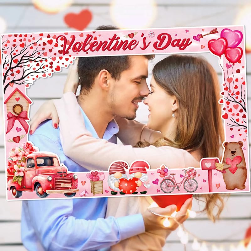 Valentine's Day Photo Booth Props Frame Selfie Lovers Photobooth Props, Creative Funny Backdrop Decorations Supplies Wedding Party Selfie Posing Signs DIY Craft (25 Pcs Props+1 Frame)