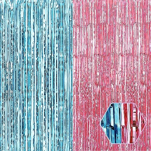 6 Pack Pink Blue Foil Fringe Curtain Backdrop, 3.28Ft x 6.6Ft Metallic Tinsel Foil Fringe Streamer Curtains for Photo Booth, Christmas Day, Thanksgiving, Wedding, New Year Party Decorations - color: Pink Blue
