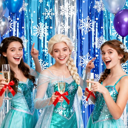 2 Packs Snowflake Foil Fringe Curtain, Blue Silver Ice Glitter Metallic Tinsel Backdrop for Princess Birthday Baby Shower Santa Claus Christmas Winter Wonderland Party Decoration Supplies - color: Blue Silver Snow