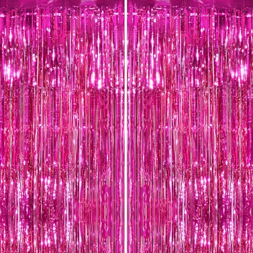 2Pack Hot Pink Metallic Tinsel Foil Fringe Curtains Backdrop for Pink Party Birthday Wedding Bachelorette Baby Shower Holiday Party Decorations Photo Booth Props, Bachelorette Christmas Party Decors - color: Hot Pink