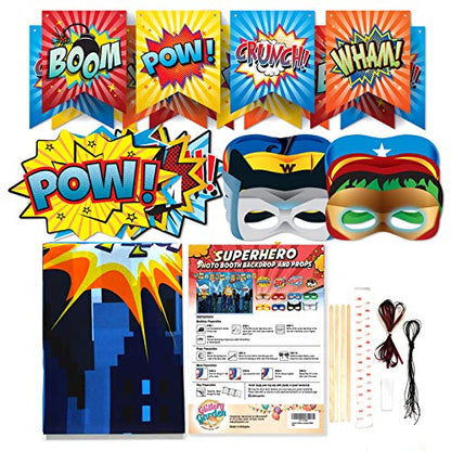 Superheroes Theme Party Photography Backdrop with Prop, Flag & Mask. Super Hero Cityscape Photo Booth Background for Kids Party, Birthday Wall Decorations - size: 4.5*6.1 feet