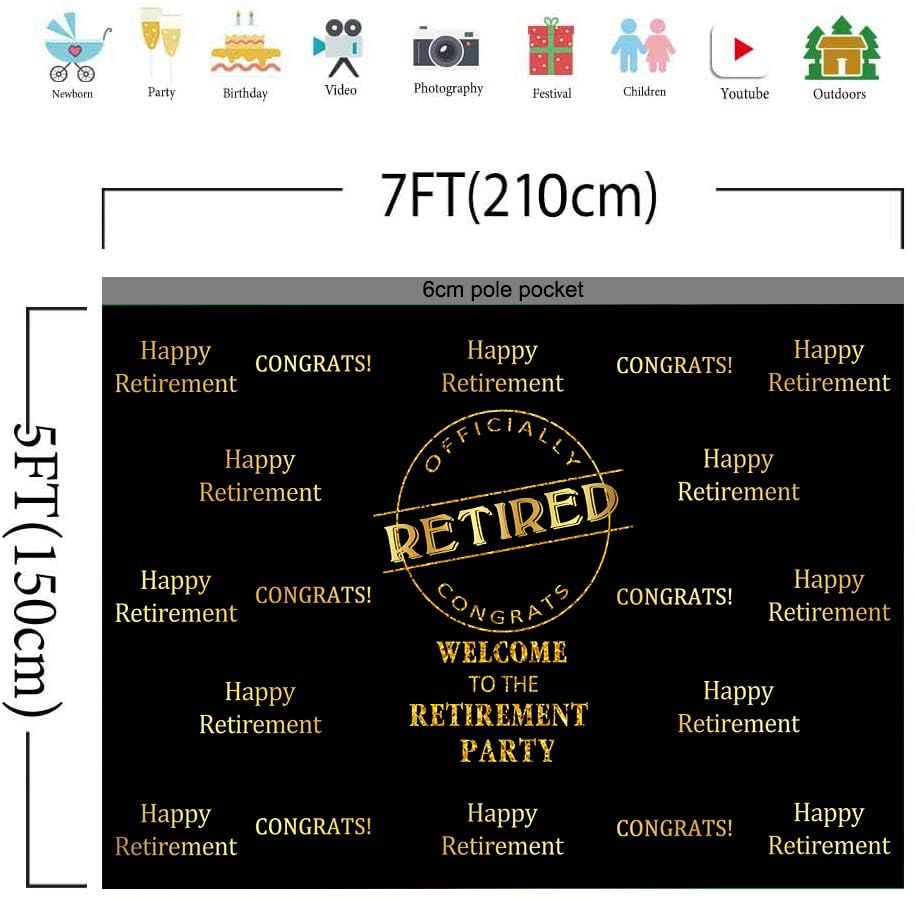 Officially Retired Black Golden Banner Backdrop for Photography, 7x5FT, Happy Retirement Party Background, Photo Booth Studio Props MBMYLU154 - size: cotton polyester-7x5ft
