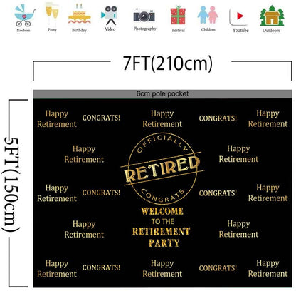 Officially Retired Black Golden Banner Backdrop for Photography, 7x5FT, Happy Retirement Party Background, Photo Booth Studio Props MBMYLU154 - size: cotton polyester-7x5ft
