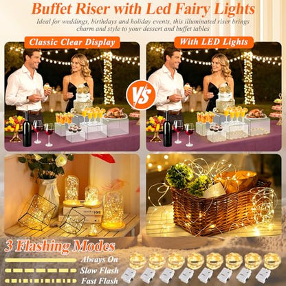 8 Pcs Clear Acrylic Buffet Risers with LED Fairy Lights, Acrylic Food Risers with Mini Sign and Maker, Clear Buffet Risers and Stands for Party Catering Dessert Collectibles(9" 8" 7" 6" 5" 5" 4" 4" ) - size: 9" 8" 7" 6" 5" 5" 4" 4"