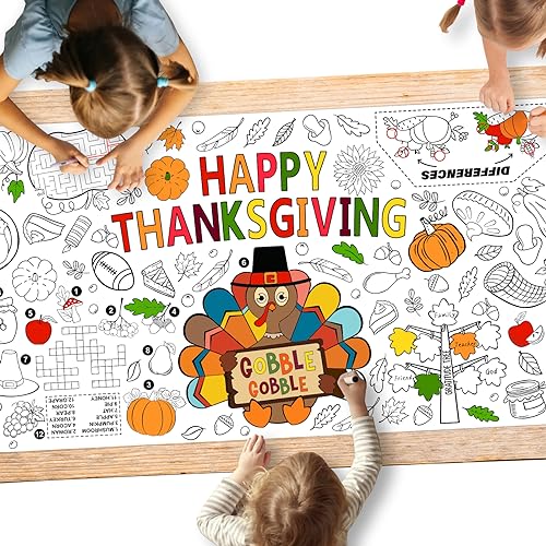 Family Fun Thanksgiving Activity Poster - 31.5 x 72 Inches, Turkey-Themed Thanksgiving Day Party, Versatile Paper Coloring Banner/Table Cover for Fall School Parties and Special Events Decoration - style: Thanksgiving