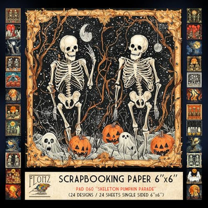 FLONZ Scrapbook Paper (24 sheets 6"x6") Skeleton Pumpkin Parade ~ Whimsical Halloween scenes with skeletons and pumpkins in retro-inspired digital collage with textured backgrounds grain overlays