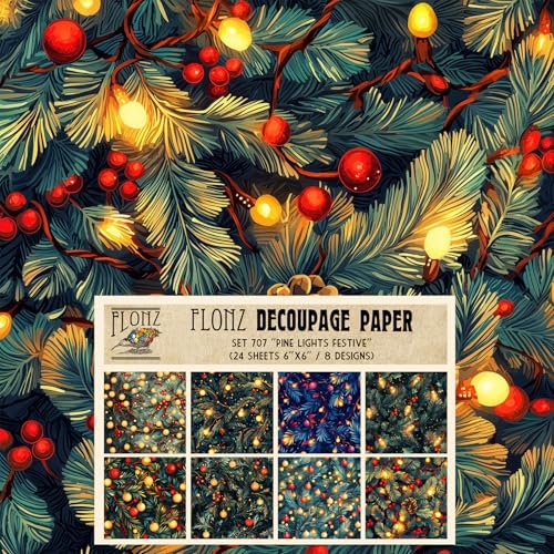 Decoupage Paper Pack (24 Sheets 6"x6") Pine Lights Festive ~ Seamless Branches with Glowing Bulbs and Berries, Dense Pattern, Textile-Inspired Digital Illustration - color: Fiveteen