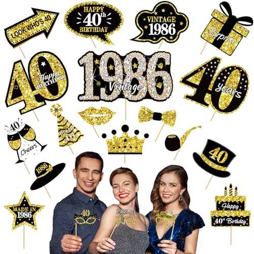 21Pcs 40th Birthday Decoration Photo Booth Props for Men Women, Funny Black Gold Vintage 1986 40th Birthday Props Kit with Sticks Party Supplies, Cheers to 40 Bday Photo Props Sign Decor