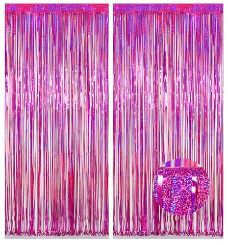Melsan Hot Pink Tinsel Foil Fringe Curtains, Rose Red Sparkle Photo Backdrop 3.2 ft x 8.2 ft for Birthday Disco Bachelorette Party Decorations, 2 Pack - color: Rose Red