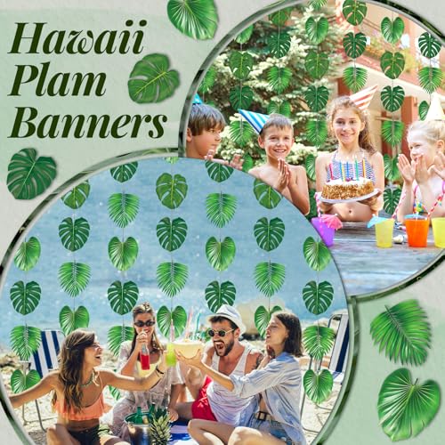 Xinnun Tropical Garland Party Decorations Palm Leaves Garland Banners Green Hawaiian Luau Leaf Hanging Decor for Summer Beach Pool Jungle Baby Shower Birthday Party Supplies - style: Palm